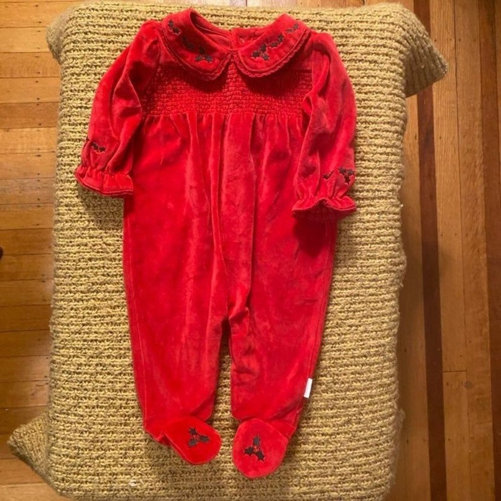 Vintage First Moments Red Velour Christmas Sleeper Holly Embroidery